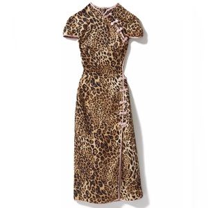 Urban Outfitters Leopard Print Mock-Neck Leg Slit Midi Dress